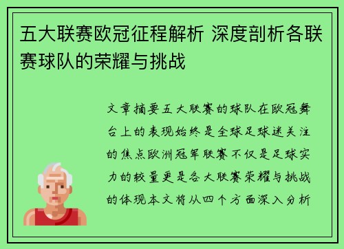 五大联赛欧冠征程解析 深度剖析各联赛球队的荣耀与挑战