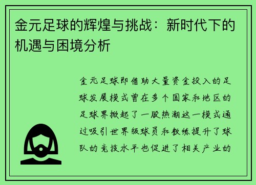 金元足球的辉煌与挑战：新时代下的机遇与困境分析