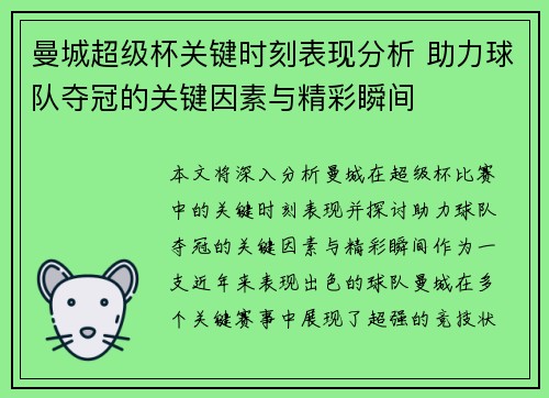 曼城超级杯关键时刻表现分析 助力球队夺冠的关键因素与精彩瞬间
