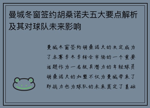 曼城冬窗签约胡桑诺夫五大要点解析及其对球队未来影响