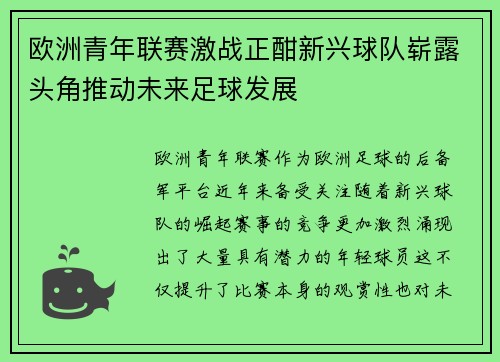 欧洲青年联赛激战正酣新兴球队崭露头角推动未来足球发展