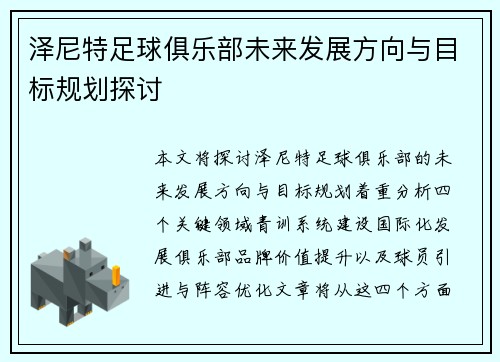 泽尼特足球俱乐部未来发展方向与目标规划探讨
