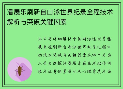 潘展乐刷新自由泳世界纪录全程技术解析与突破关键因素
